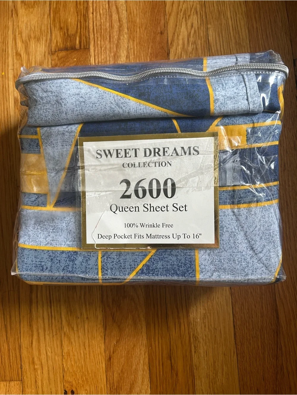 Sweet Dreams Queen Sheet Set in Blue and Yellow Geometric